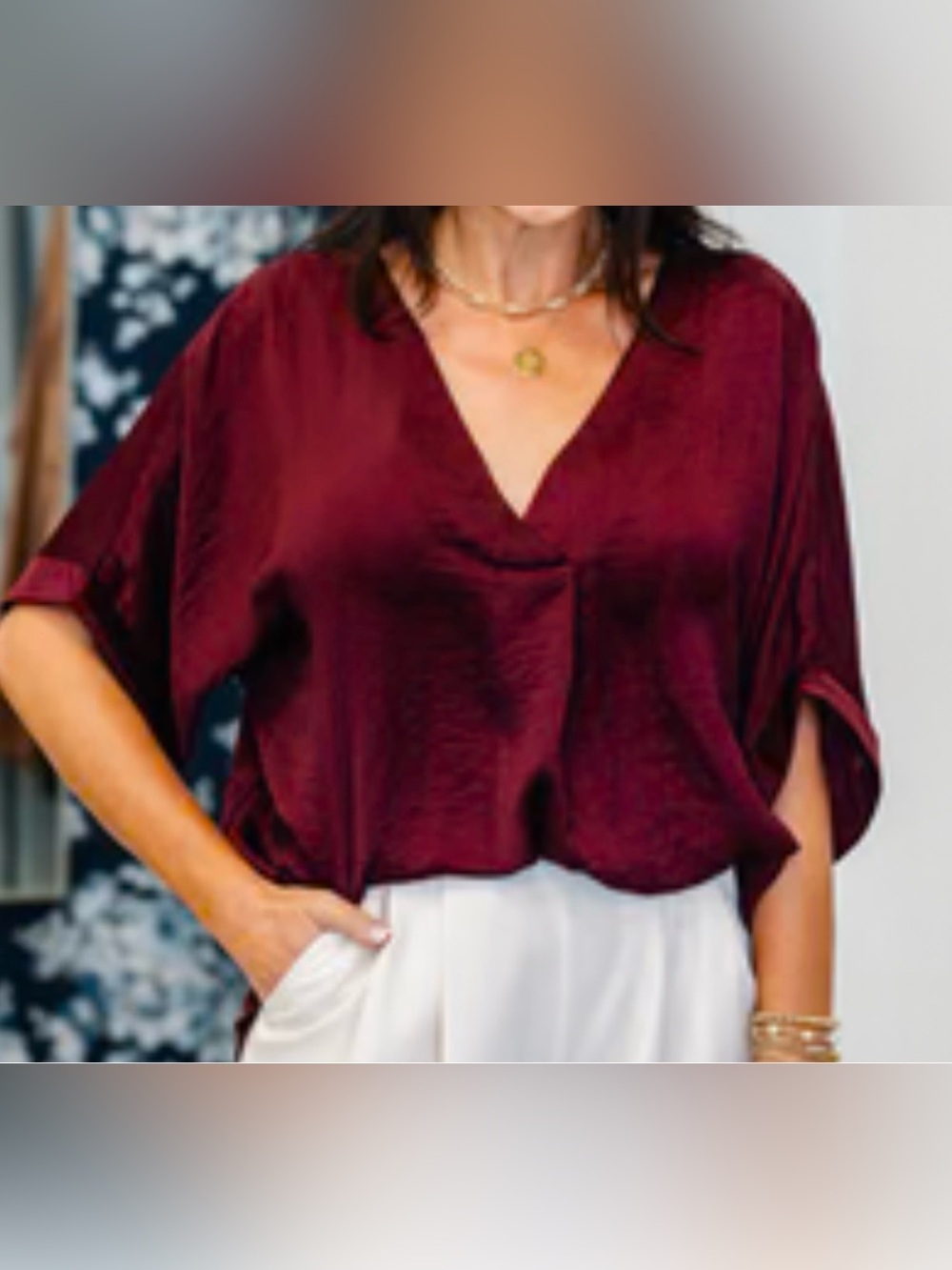 glam My Go To Burgundy V-Neck Dolman Sleeve Blouse Size Large NWT